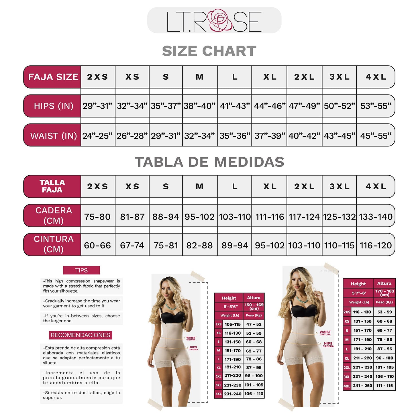 size chart of all type of Slimming Body Shaper